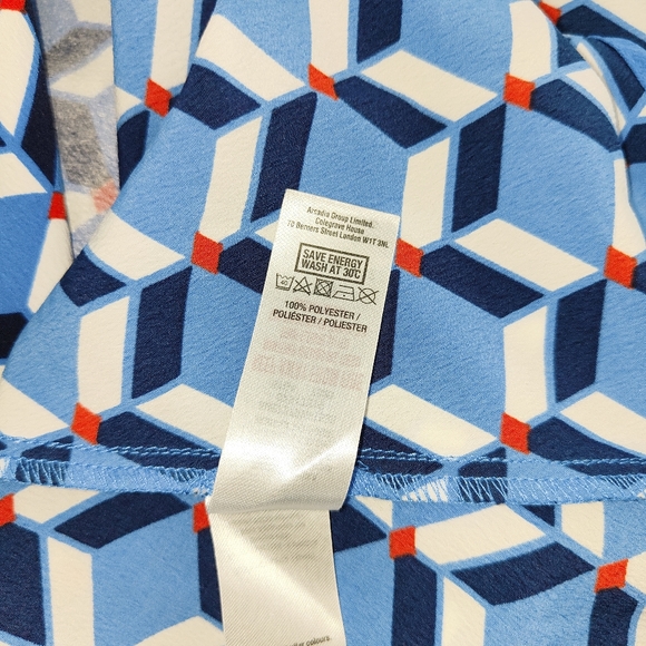 Dorothy Perkins Blue Red Dress Size UK 16 Faux Wrap Belted Mixed Pattern V-Neck - Picture 11 of 11